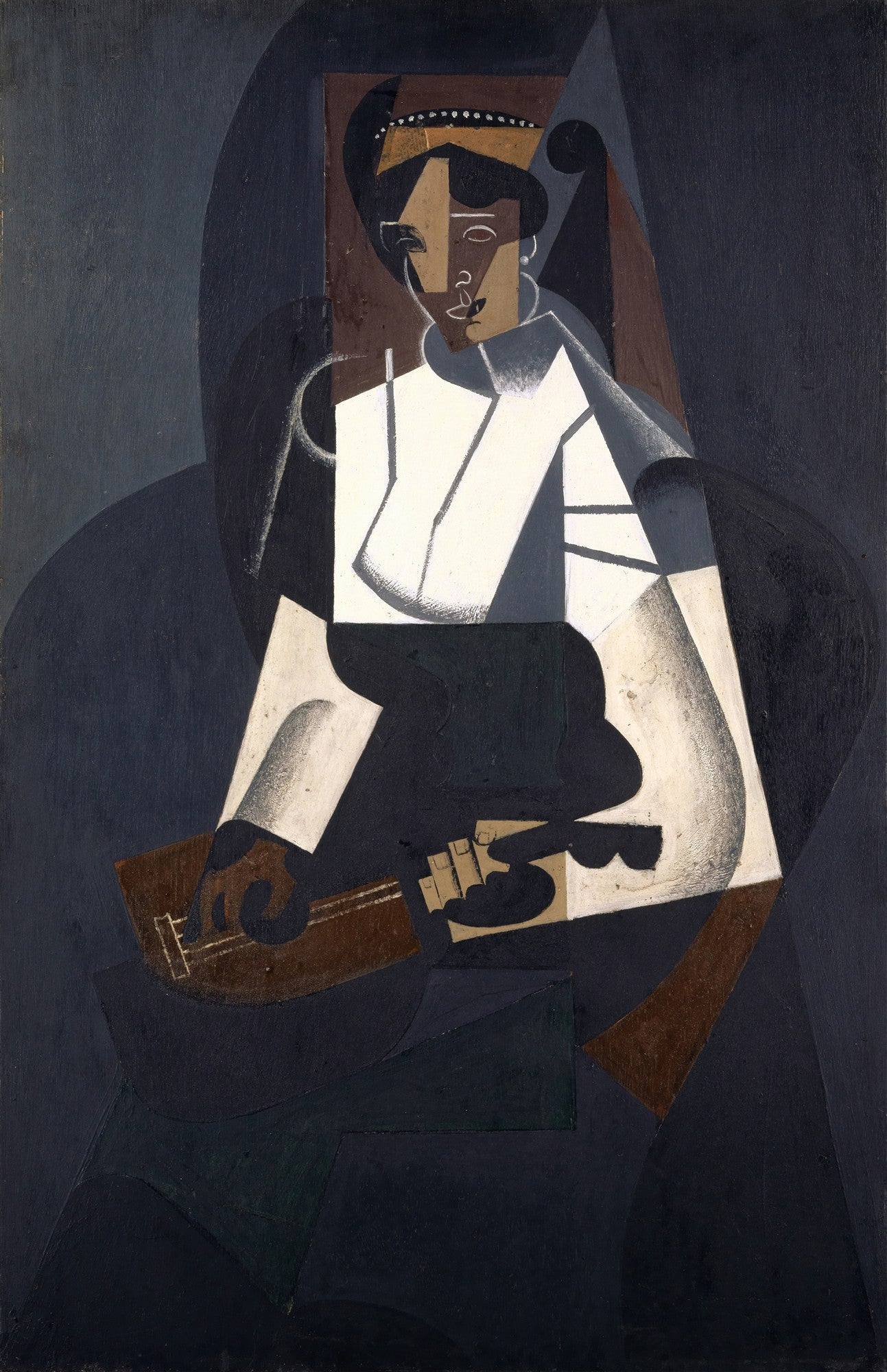 Quadro decorativo 'A Mulher com Guitarra' de Juan Gris, em estilo cubista, com figura feminina e instrumento musical em tons de cinza, marrom e branco.