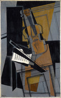 Quadro cubista de Juan Gris, 'Violino e Piano', com violino e teclas de piano desconstruídos em tons de ocre, cinza e preto.