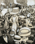Desenho em tons sépia e preto de uma corrida de cavalos com figuras elegantes usando chapéus grandes, estilo vintage e sofisticado.