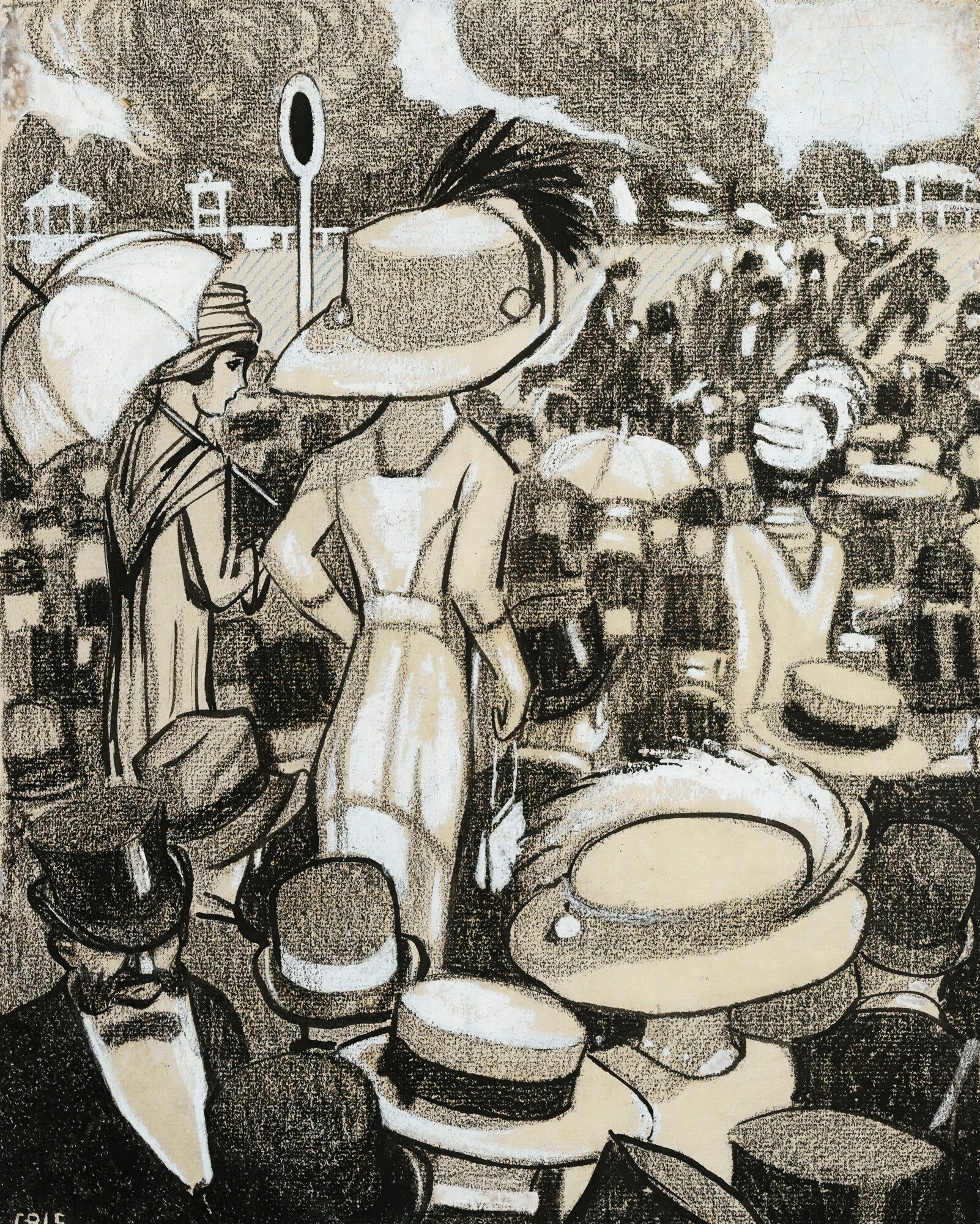 Desenho em tons sépia e preto de uma corrida de cavalos com figuras elegantes usando chapéus grandes, estilo vintage e sofisticado.