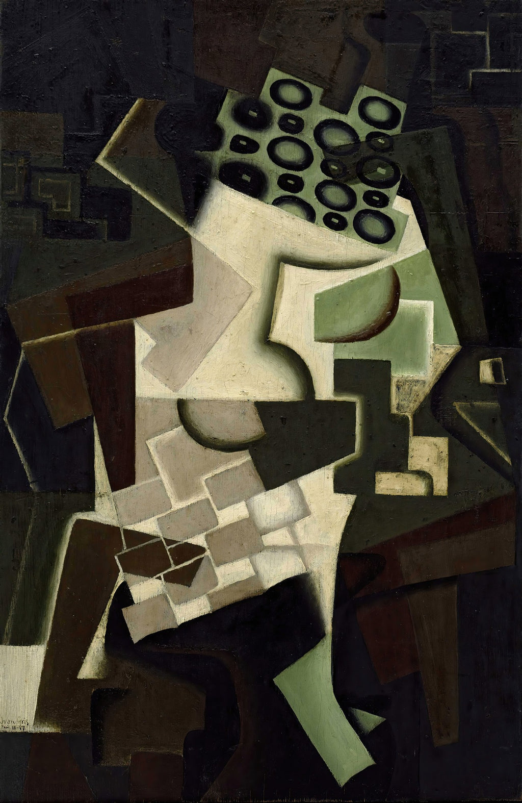 Quadro decorativo cubista Mulher Sentada de Juan Gris, com formas geométricas abstratas em tons de verde, marrom e creme, representando uma figura feminina sentada.