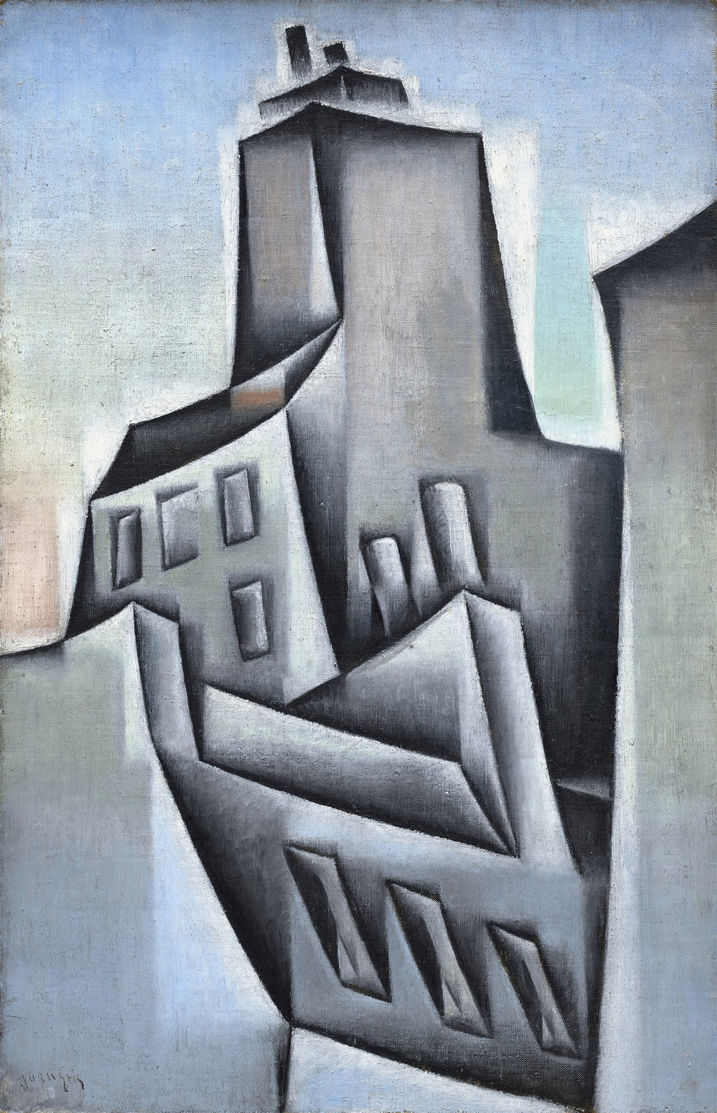 Pintura cubista de Juan Gris, 'Casas em Paris', mostrando edifícios cinzentos e angulares com chaminés e janelas retangulares, sobre um céu azul claro, com tons de rosa pálido e verde menta. A composição é fragmentada e geométrica.