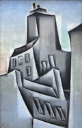 Pintura cubista de Juan Gris, 'Casas em Paris', mostrando edifícios cinzentos e angulares com chaminés e janelas retangulares, sobre um céu azul claro, com tons de rosa pálido e verde menta. A composição é fragmentada e geométrica.