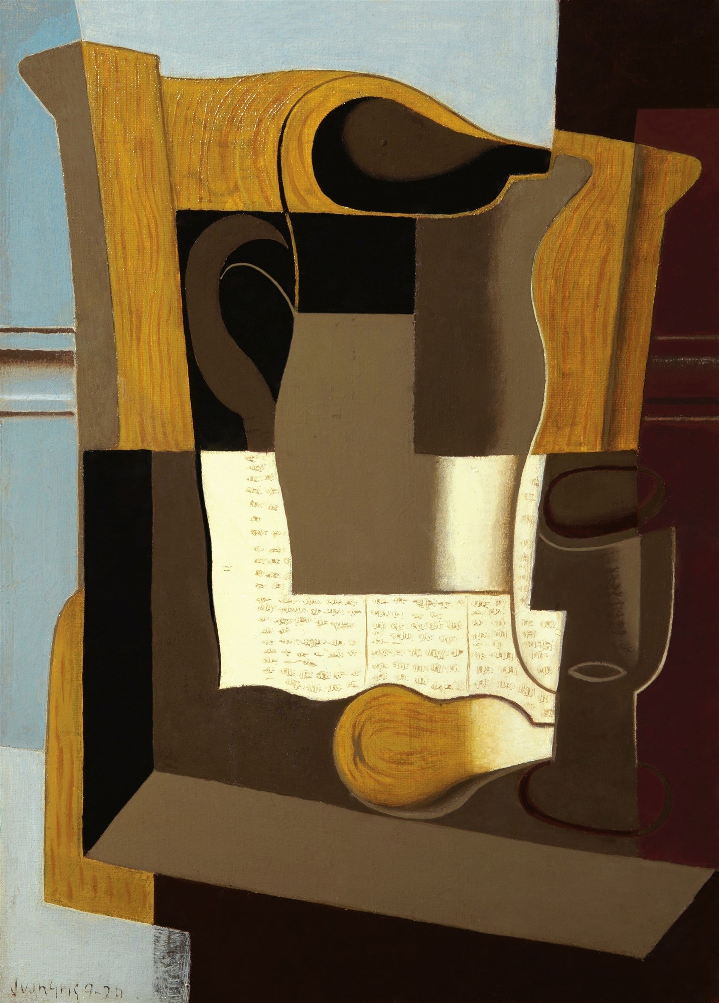Quadro decorativo cubista de Juan Gris, 'Jar and Pear', com jarro, pera e papel em tons de marrom, amarelo, azul e vermelho-escuro.