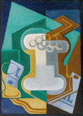 Pintura cubista de Juan Gris, uma natureza-morta com formas geométricas e cores vibrantes, incluindo tons de verde, azul, marrom e branco, representando objetos como um copo e uma garrafa de forma fragmentada.