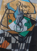 Quadro decorativo cubista de Juan Gris, uma natureza-morta com garrafa e copo em tons de azul, verde, cinza e marrom, com padrões geométricos e texturas de papel de parede. A assinatura 'Jvan Gris' é visível no canto superior direito.