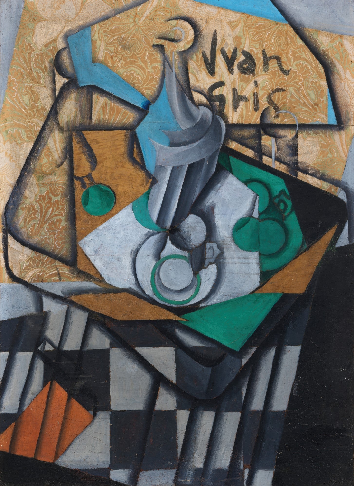 Quadro decorativo cubista de Juan Gris, uma natureza-morta com garrafa e copo em tons de azul, verde, cinza e marrom, com padrões geométricos e texturas de papel de parede. A assinatura 'Jvan Gris' é visível no canto superior direito.