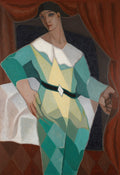 Pintura cubista de Juan Gris, O Pierrot, retratando uma figura com vestes de losangos verdes e amarelos, chapéu preto e rosto pálido, em um cenário de cortinas vermelhas e fundo escuro.