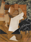 Quadro decorativo cubista de Juan Gris, 'Still Life with Bottle and Pipe', com formas geométricas fragmentadas em tons de marrom, ocre, branco e preto, representando uma natureza-morta com garrafa e cachimbo. A obra tem uma estética abstrata e moderna.