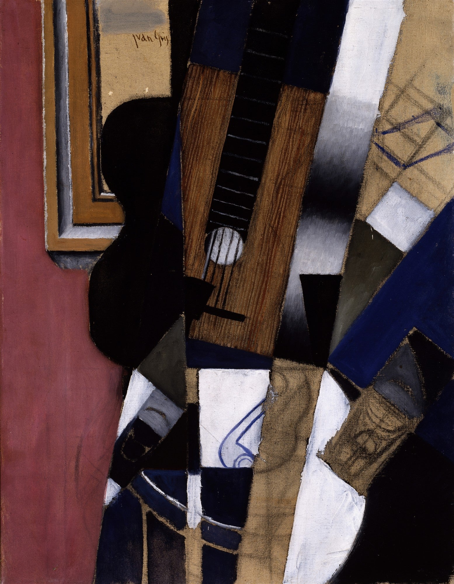 Quadro decorativo com obra cubista de Juan Gris, A Guitarra. A imagem mostra uma guitarra fragmentada em tons de azul escuro, marrom, branco, preto e bege, com detalhes de um fundo avermelhado e a assinatura do artista.