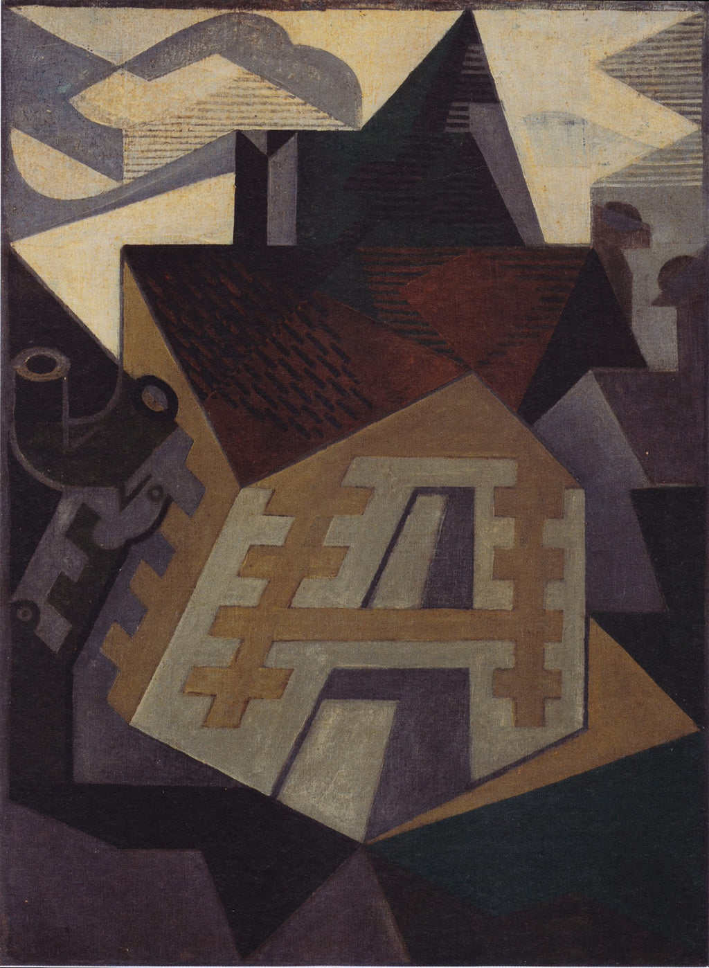 Uma pintura cubista de Juan Gris retratando uma casa com telhado vermelho e formas geométricas em tons de marrom, cinza e bege, com chaminé e céu abstrato.