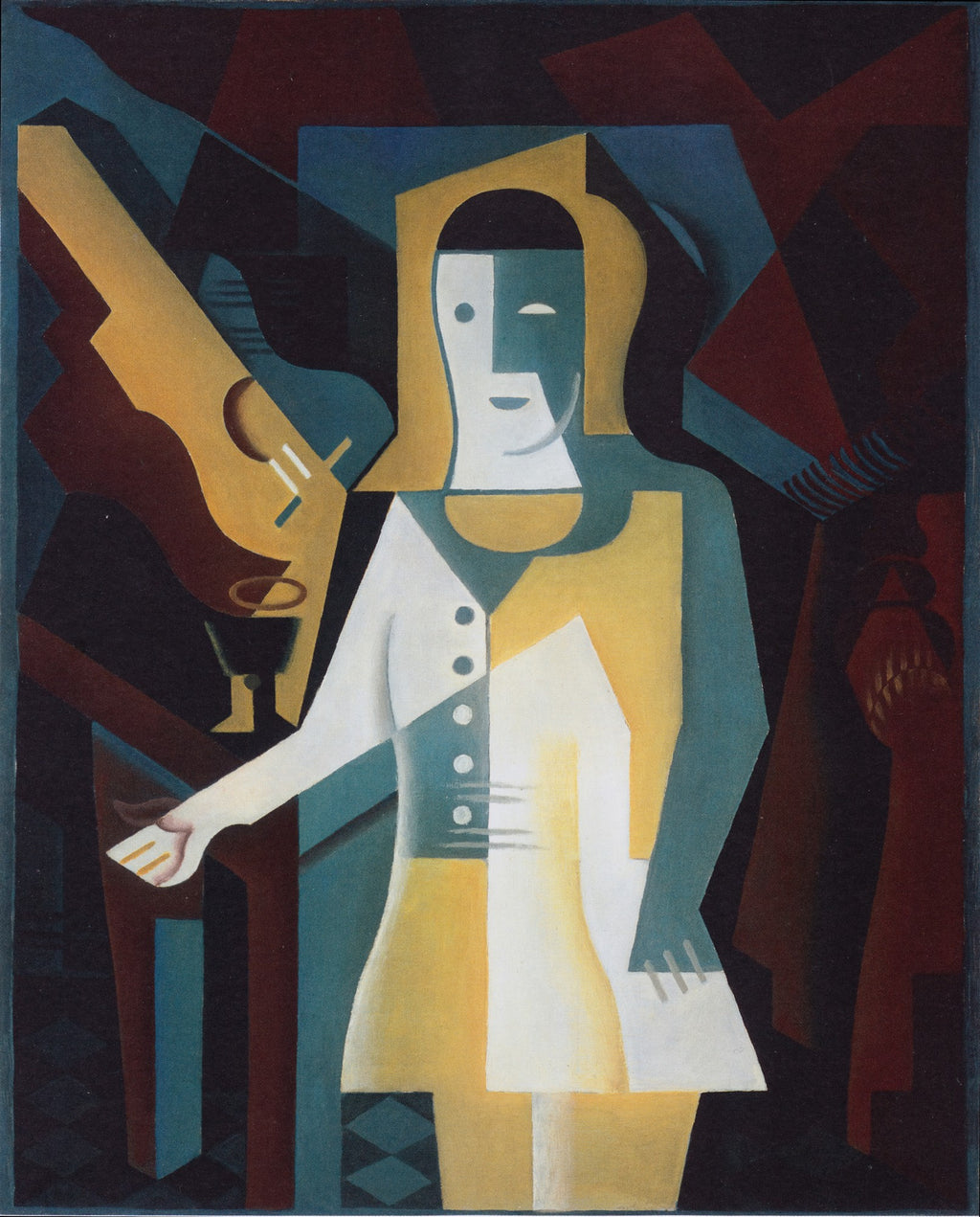 Quadro decorativo 'A Mulher com Bandolim' de Juan Gris, apresentando uma figura feminina estilizada com um bandolim em estilo cubista, com formas geométricas e cores terrosas e frias.