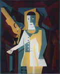 Quadro decorativo 'A Mulher com Bandolim' de Juan Gris, apresentando uma figura feminina estilizada com um bandolim em estilo cubista, com formas geométricas e cores terrosas e frias.