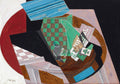 Quadro cubista de Juan Gris, 'Natureza Morta com Tabuleiro de Xadrez', mostrando objetos fragmentados como garrafa, copos, cartas e um tabuleiro de xadrez em tons de verde, marrom, azul e vermelho, com formas geométricas e texturas visíveis. Assinatura 'Juan Gris' no canto inferior esquerdo.