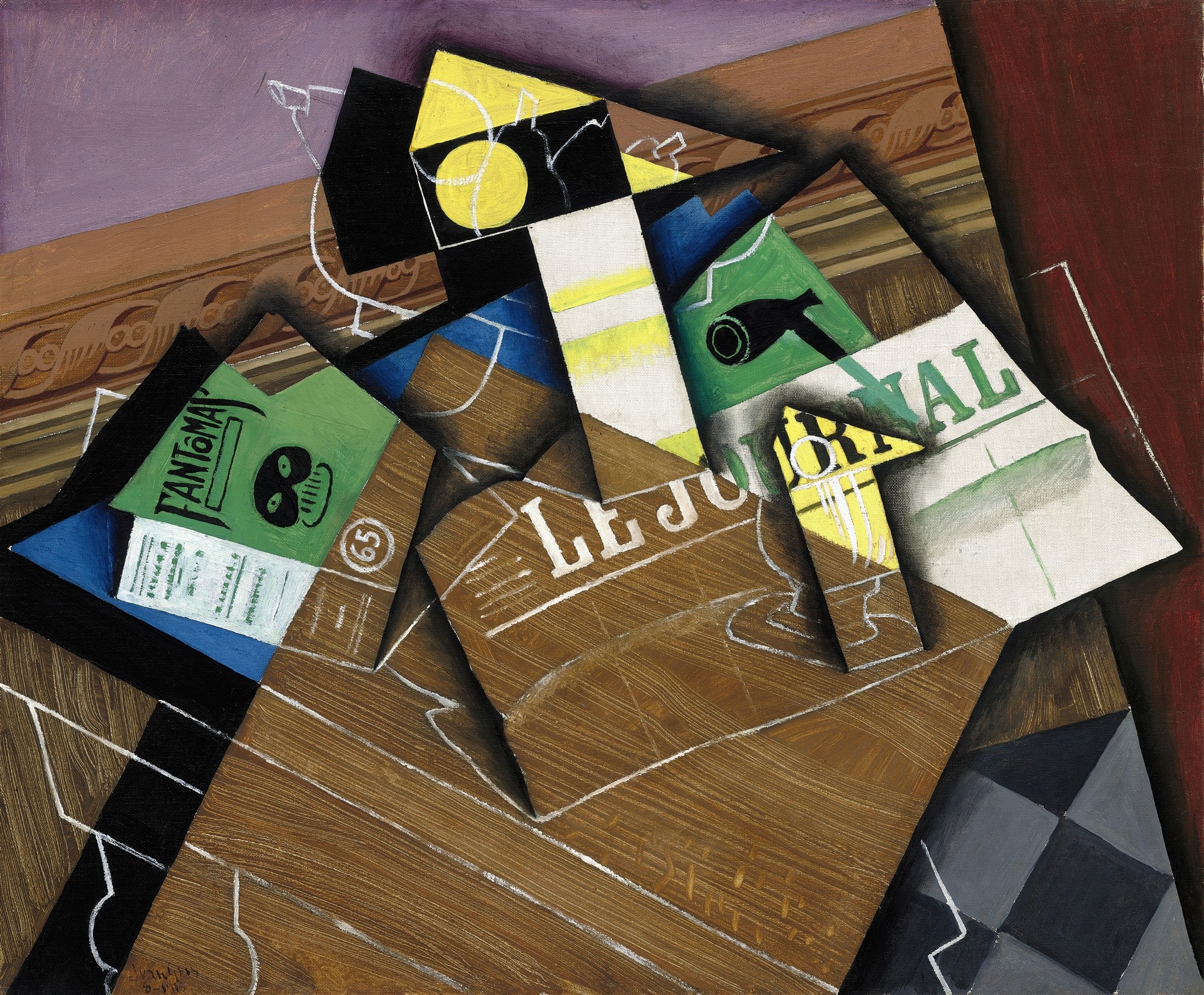 Quadro decorativo cubista de Juan Gris, 'Fantômas', com fragmentos de jornal e a imagem de uma caveira. Predominam tons de marrom, verde, preto e roxo.