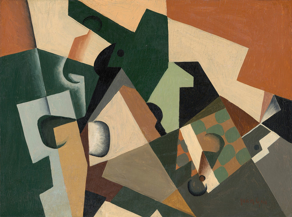 Quadro decorativo com composição cubista abstrata em tons de verde escuro, marrom, bege e cinza, com formas geométricas interligadas e sobrepostas. A obra apresenta a assinatura de Juan Gris no canto inferior direito.