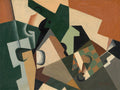 Quadro decorativo com composição cubista abstrata em tons de verde escuro, marrom, bege e cinza, com formas geométricas interligadas e sobrepostas. A obra apresenta a assinatura de Juan Gris no canto inferior direito.