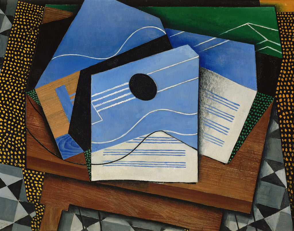 Quadro decorativo 'A Guitarra' de Juan Gris, com formas geométricas de uma guitarra em tons de azul, preto, branco e marrom sobre um fundo com padrões pontilhados e xadrez.
