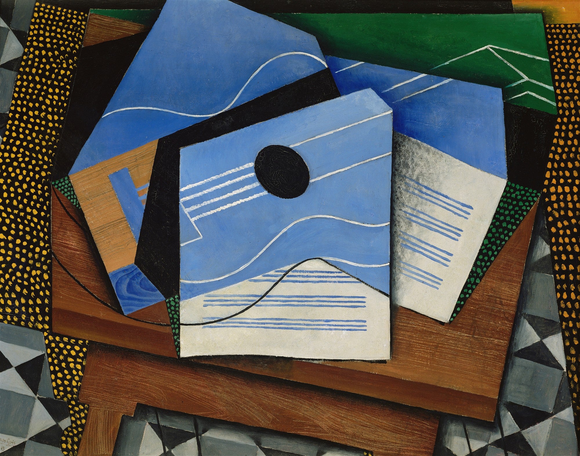 Quadro decorativo 'A Guitarra' de Juan Gris, com formas geométricas de uma guitarra em tons de azul, preto, branco e marrom sobre um fundo com padrões pontilhados e xadrez.