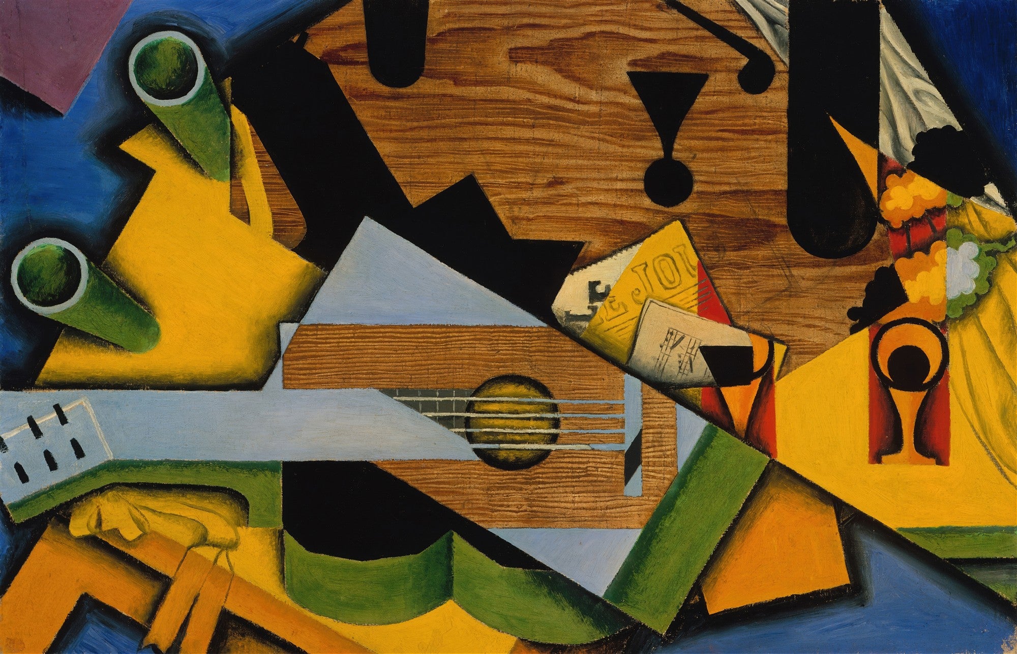 Quadro cubista de Juan Gris, 'Guitarra e Cesto de Frutas', com formas geométricas e cores vibrantes, exibindo uma guitarra, um cesto e elementos abstratos sobre um fundo de madeira e azul.