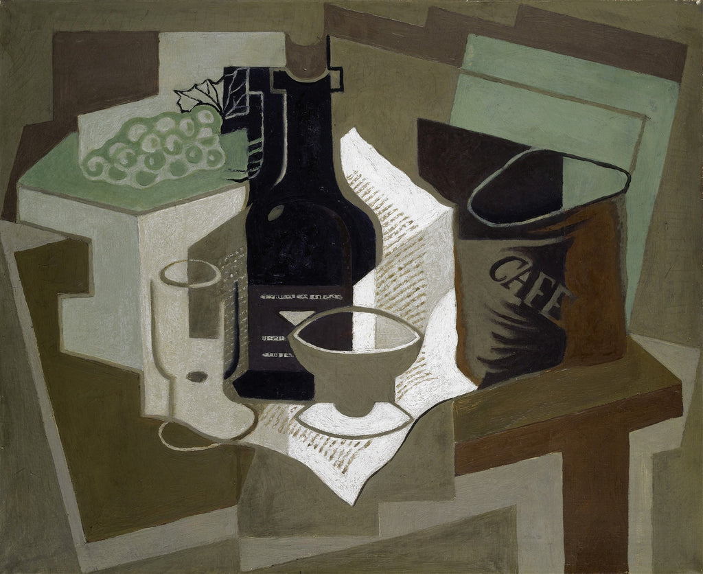Quadro decorativo cubista de Juan Gris, uma natureza-morta com cafeteira, garrafa, copo e uvas, em tons de verde, marrom e cinza, com formas geométricas abstratas.