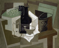 Quadro decorativo cubista de Juan Gris, uma natureza-morta com cafeteira, garrafa, copo e uvas, em tons de verde, marrom e cinza, com formas geométricas abstratas.