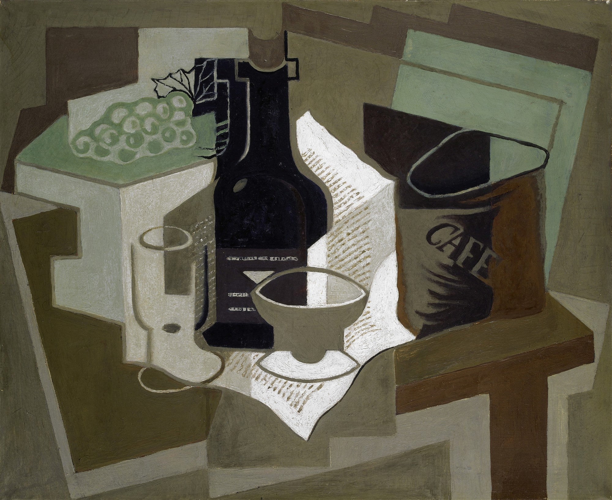 Quadro decorativo cubista de Juan Gris, uma natureza-morta com cafeteira, garrafa, copo e uvas, em tons de verde, marrom e cinza, com formas geométricas abstratas.