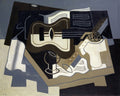 Pintura cubista de Juan Gris, 'Guitar and Fruit Bowl', com guitarra, partitura, fruteira e garrafa em tons de cinza, marrom e branco sobre fundo escuro.