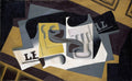 Quadro cubista de Juan Gris, 'Le Journal', com formas geométricas abstratas em tons de amarelo, cinza, preto e branco, com fragmentos de jornal visíveis.