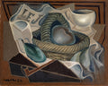 Uma pintura cubista de natureza-morta de Juan Gris, "Cesto de Frutas e Cachimbo", que apresenta um cesto de vime com frutas, um cachimbo, um copo e um jornal sobre uma superfície facetada em tons de cinza, marrom e azul esverdeado.