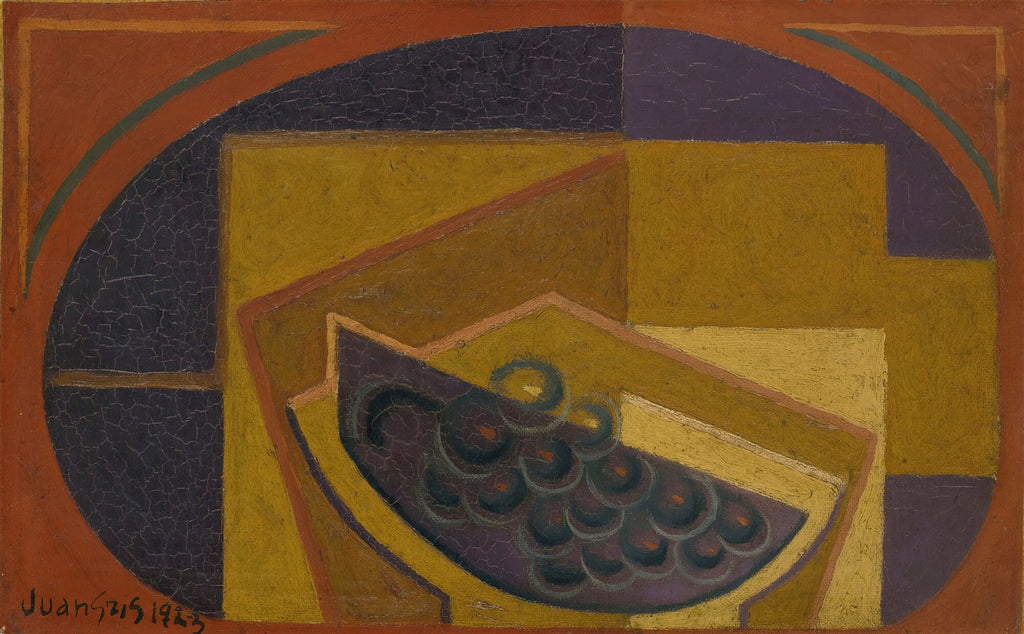 Quadro decorativo com natureza-morta cubista de Juan Gris, predominantemente em tons de amarelo, marrom, roxo escuro e detalhes em verde, com formas geométricas e ovaladas.