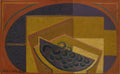 Quadro decorativo com natureza-morta cubista de Juan Gris, predominantemente em tons de amarelo, marrom, roxo escuro e detalhes em verde, com formas geométricas e ovaladas.