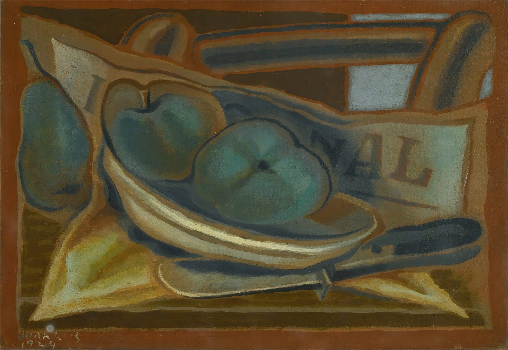 Uma pintura cubista de Juan Gris, datada de 1924, representando uma natureza morta com maçãs verdes, uma tigela, um pano e um jornal, em tons de verde-azulado, marrom e ocre.