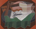 Quadro decorativo cubista de Juan Gris, 'Natureza Morta com Fruteira e Garrafa', apresentando objetos como garrafa, fruteira com uvas, instrumento musical e tesoura sobre jornal, em tons terrosos e formas geométricas.