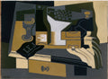 Quadro decorativo cubista de Juan Gris, 'Garrafa e Fruteira', mostrando objetos de mesa em tons de marrom, verde-oliva, cinza e branco, com formas geométricas e sobreposições.