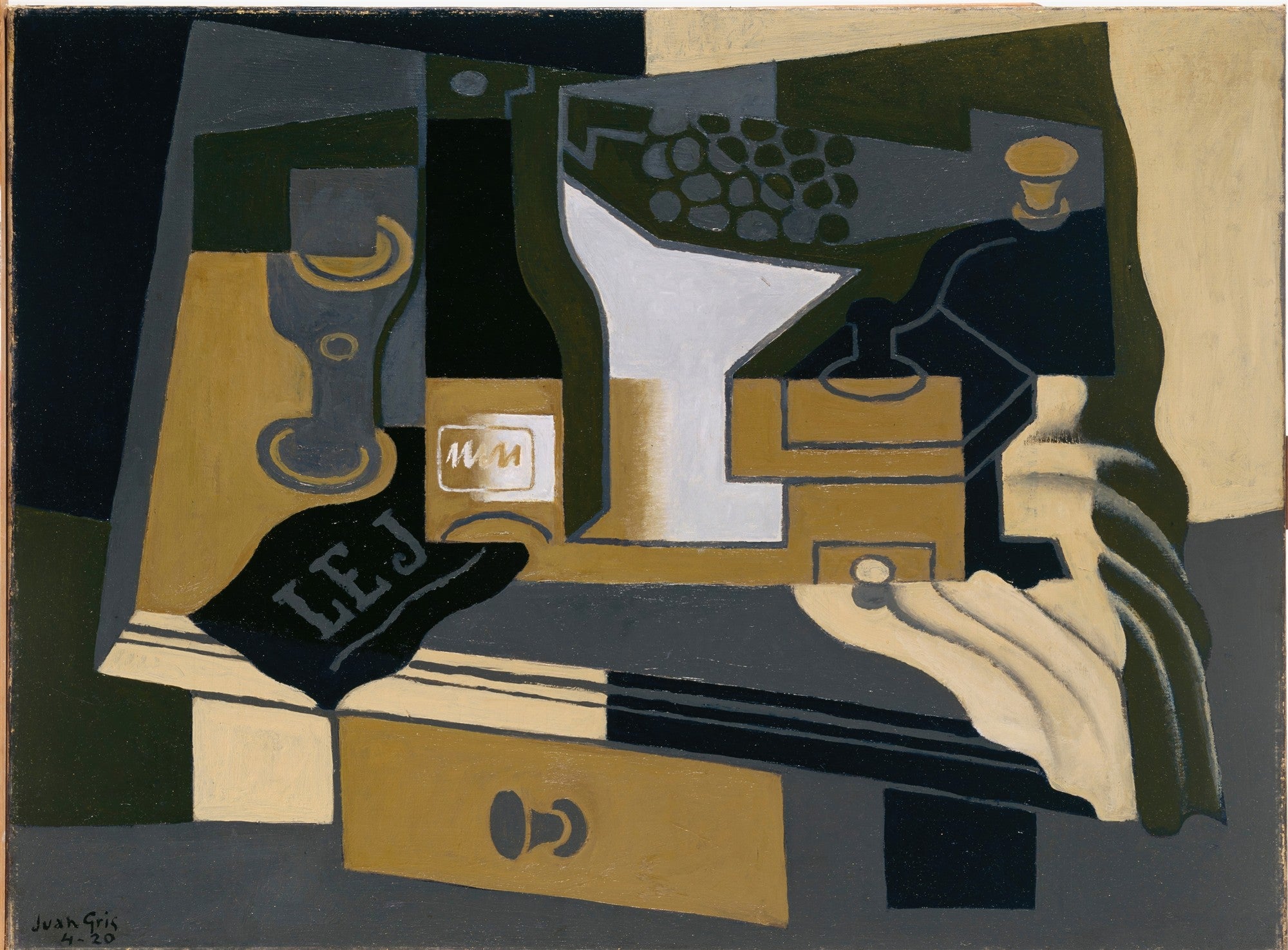 Quadro decorativo cubista de Juan Gris, 'Garrafa e Fruteira', mostrando objetos de mesa em tons de marrom, verde-oliva, cinza e branco, com formas geométricas e sobreposições.