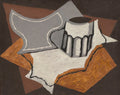 Pintura cubista de Juan Gris, com formas geométricas e tons de cinza, marrom e branco, representando uma natureza-morta com um jarro e um copo sobre uma superfície.