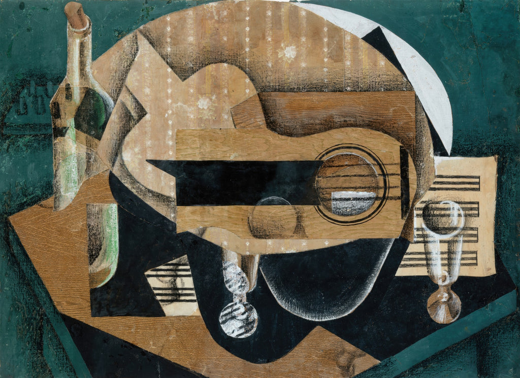 Pintura cubista de Juan Gris, Guitarra e Garrafa, com garrafa de vinho, guitarra e partitura em tons de marrom, verde-azulado e preto, em colagem e óleo.