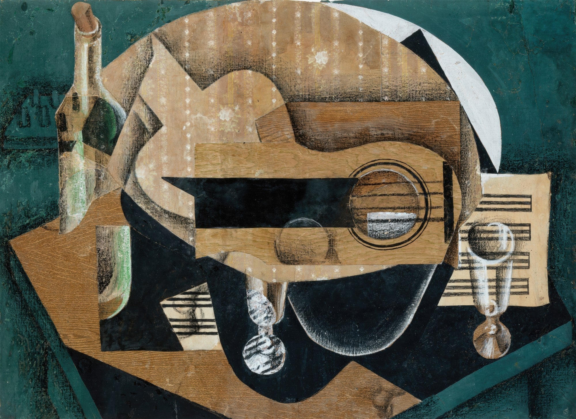 Pintura cubista de Juan Gris, Guitarra e Garrafa, com garrafa de vinho, guitarra e partitura em tons de marrom, verde-azulado e preto, em colagem e óleo.