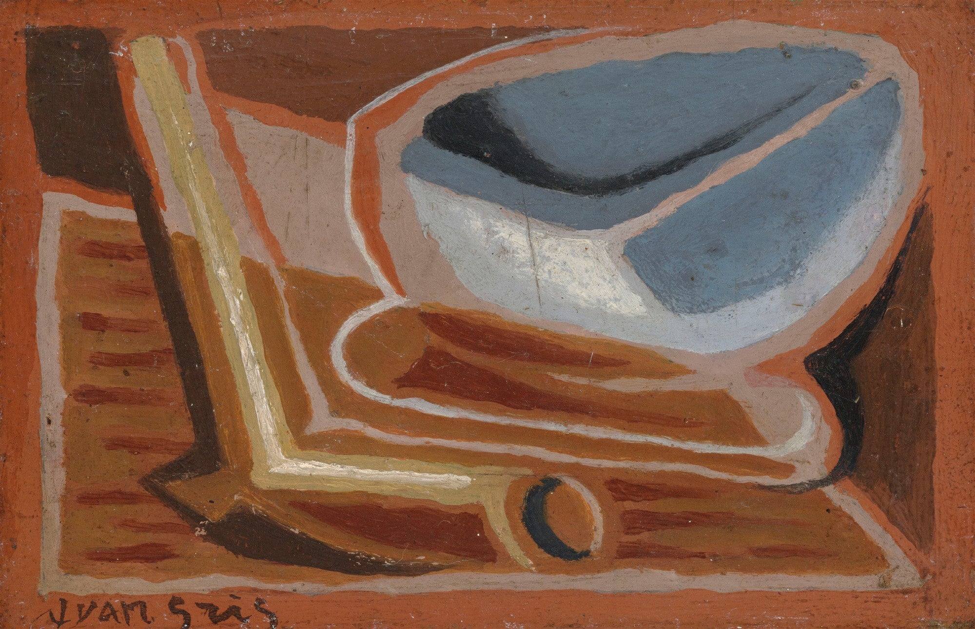 Pintura cubista de Juan Gris, representando uma natureza-morta com formas geométricas abstratas em tons de azul, marrom, ocre e branco.