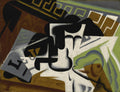 Quadro decorativo cubista de Juan Gris, 'Natureza-morta com Guitarra', com formas geométricas fragmentadas em tons de marrom, verde, preto e branco.