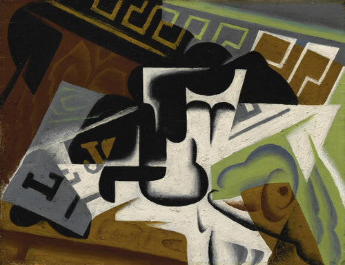 Quadro decorativo cubista de Juan Gris, 'Natureza-morta com Guitarra', com formas geométricas fragmentadas em tons de marrom, verde, preto e branco.