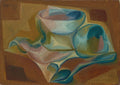 Quadro decorativo cubista de Juan Gris, apresentando uma natureza-morta com objetos geométricos em tons de azul, verde, rosa e marrom, com uma assinatura 'J. Gris 23' no canto superior esquerdo.
