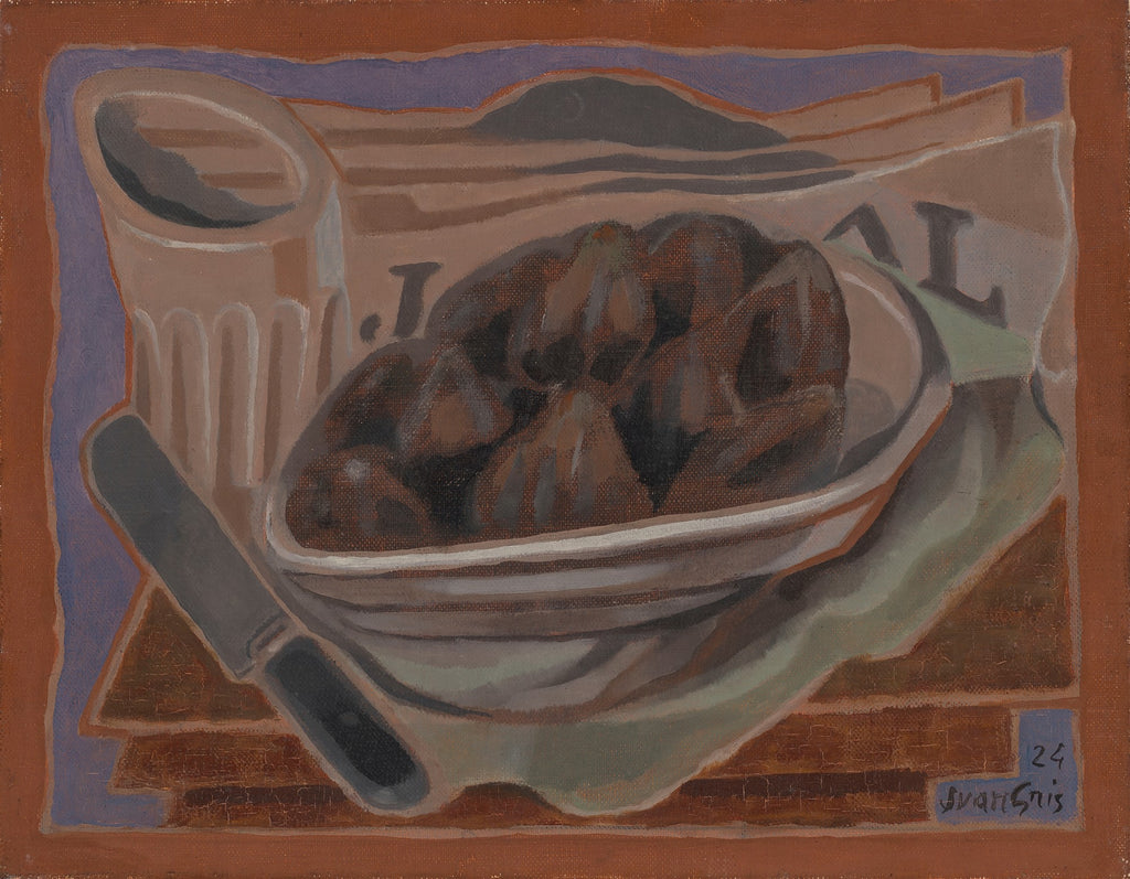 Quadro decorativo cubista de Juan Gris, 'Natureza-Morta com Ameixas', mostrando ameixas em uma tigela, uma faca, um copo e um jornal em tons terrosos e roxos.