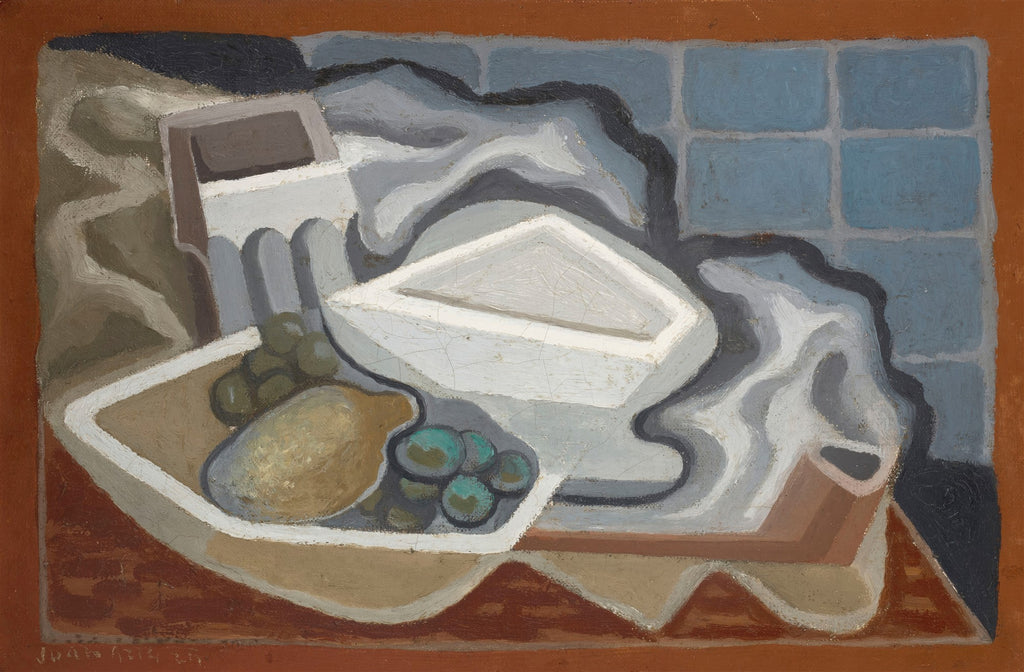 Uma pintura cubista de natureza-morta atribuída a Juan Gris, com formas geométricas e cores terrosas representando frutas, uma travessa e outros objetos de mesa.