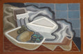 Uma pintura cubista de natureza-morta atribuída a Juan Gris, com formas geométricas e cores terrosas representando frutas, uma travessa e outros objetos de mesa.