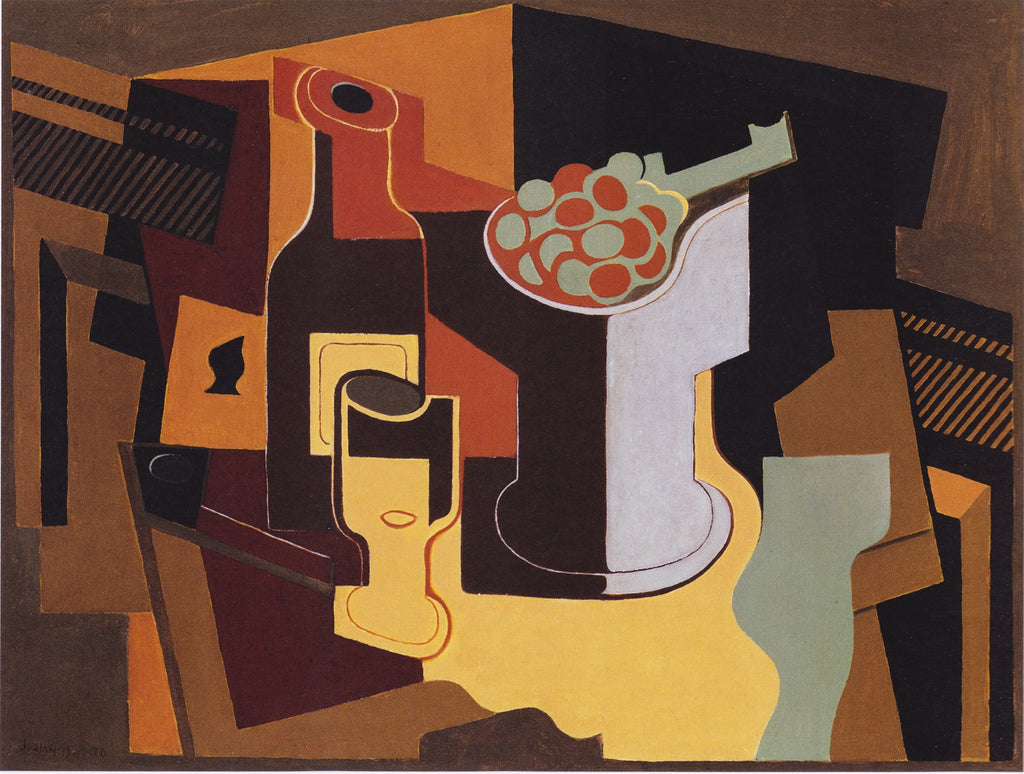Quadro decorativo com natureza morta cubista de Juan Gris, apresentando uma garrafa de vinho, um copo, uma fruteira com uvas e frutas em tons de marrom, laranja, amarelo e preto.