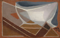 Pintura cubista atribuída a Juan Gris, representando uma natureza-morta com formas geométricas abstratas em tons terrosos, cinzas e brancos.