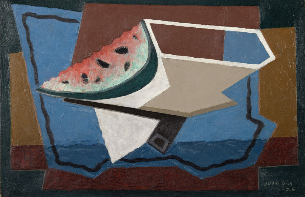 Quadro decorativo com a obra "La Pastèque" (Melancia) de Juan Gris, apresentando uma fatia de melancia em estilo cubista com formas geométricas em tons de azul, marrom e vermelho.