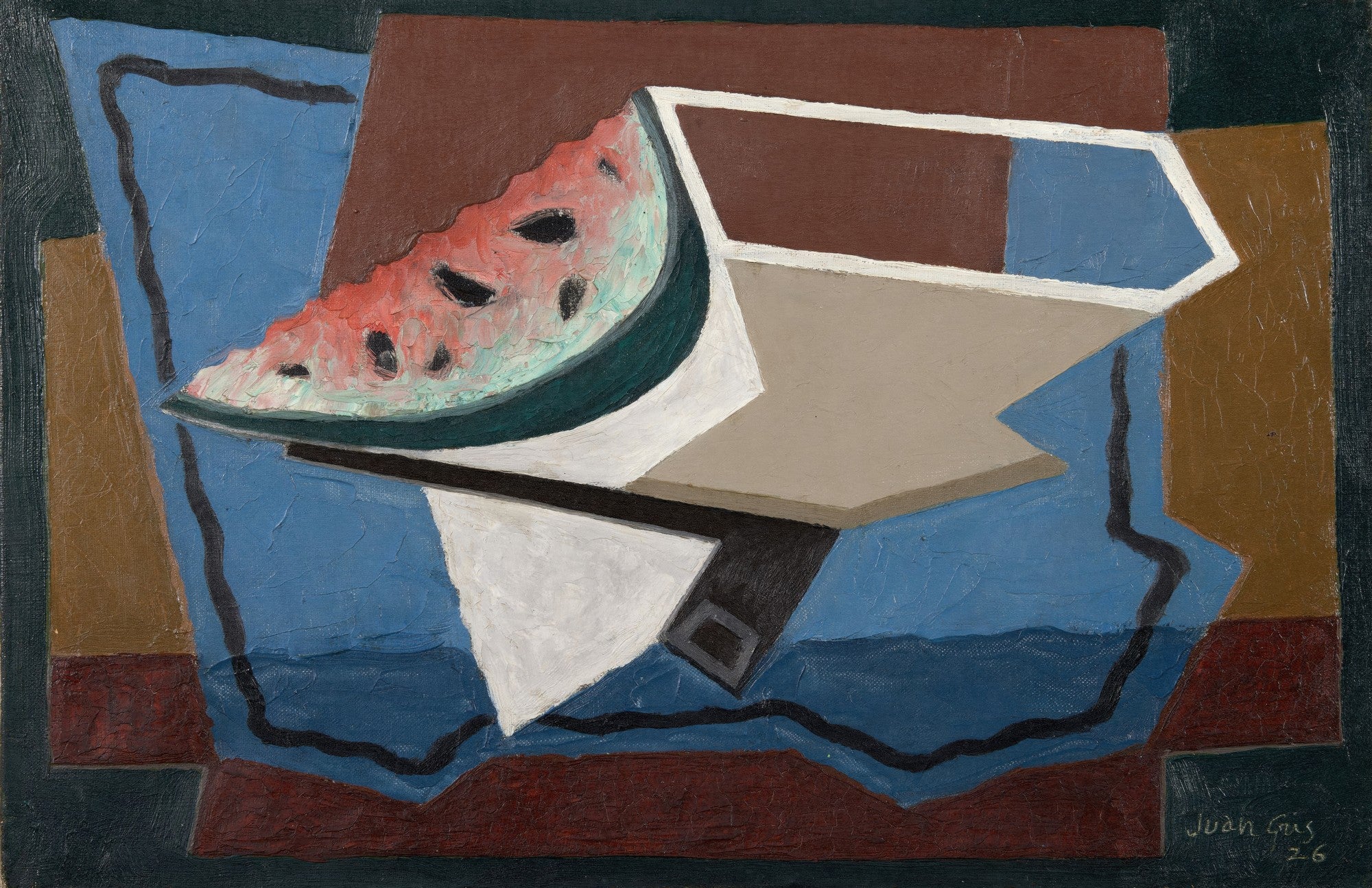 Quadro decorativo com a obra "La Pastèque" (Melancia) de Juan Gris, apresentando uma fatia de melancia em estilo cubista com formas geométricas em tons de azul, marrom e vermelho.